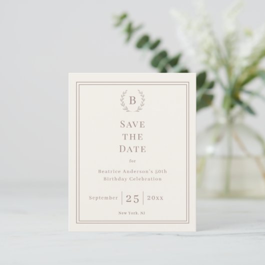 Ivory taupe monogram wreath birthday save the date (スタンド正面)