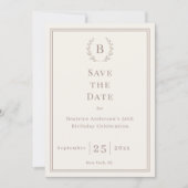 Ivory taupe monogram wreath birthday save the date セーブザデート (正面)