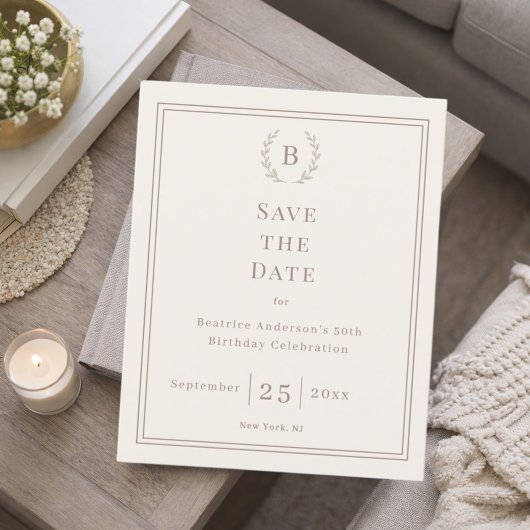 Ivory taupe monogram wreath birthday save the date チラシ