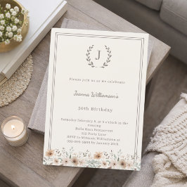 Ivory taupe monogram wreath florals birthday 招待状
