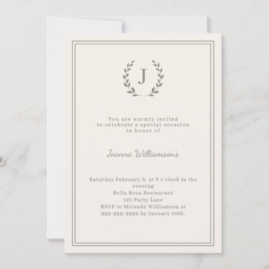 Ivory taupe monogram wreath milestone age-neutral 招待状 (正面)
