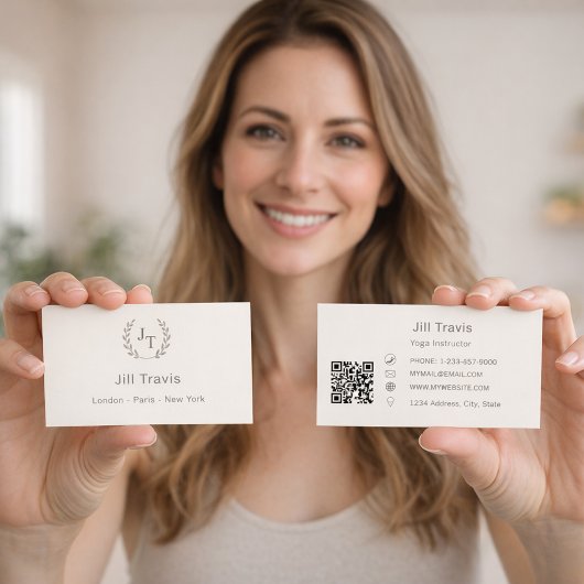 Ivory taupe monogram wreath modern minimalst QR 名刺