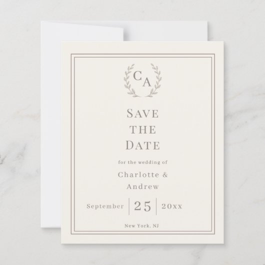 Ivory taupe monogram wreath wedding Save the Date  (正面)