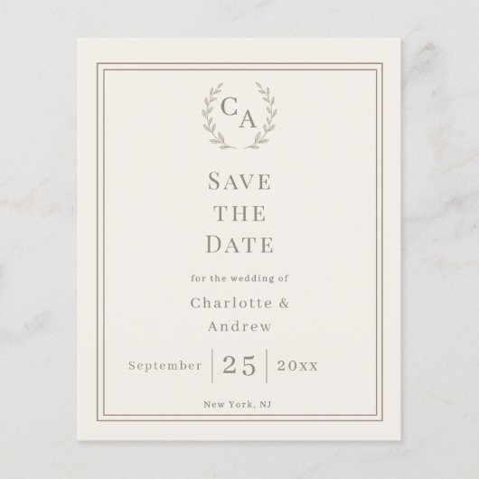 Ivory taupe monogram wreath wedding Save the Date  チラシ (正面)