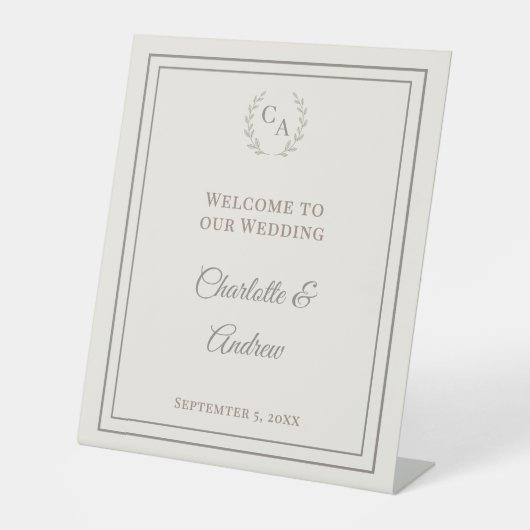 Ivory taupe monogrammed elegant wedding welcome  台座サイン (正面)