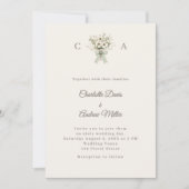 Ivory taupe monogrammed floral green wedding  招待状 (正面)