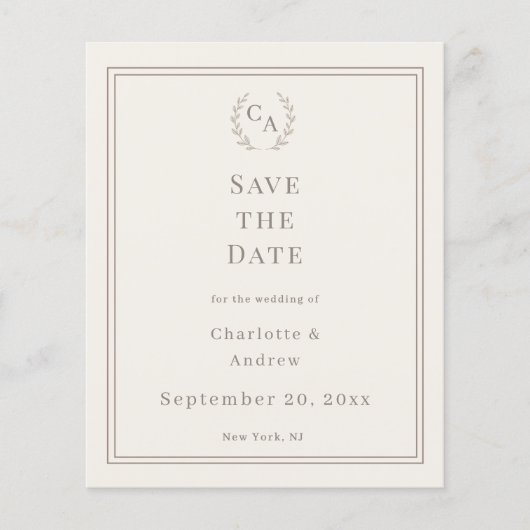 Ivory taupe monogrammed wedding Save the Date チラシ (正面)