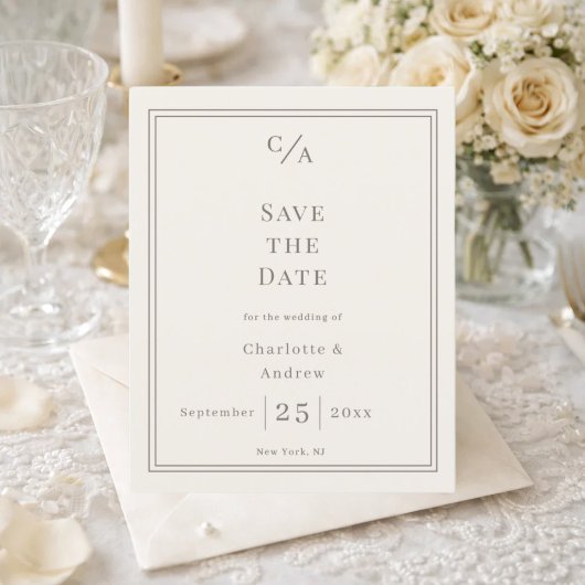 Ivory taupe monogrammed wedding Save the Date チラシ