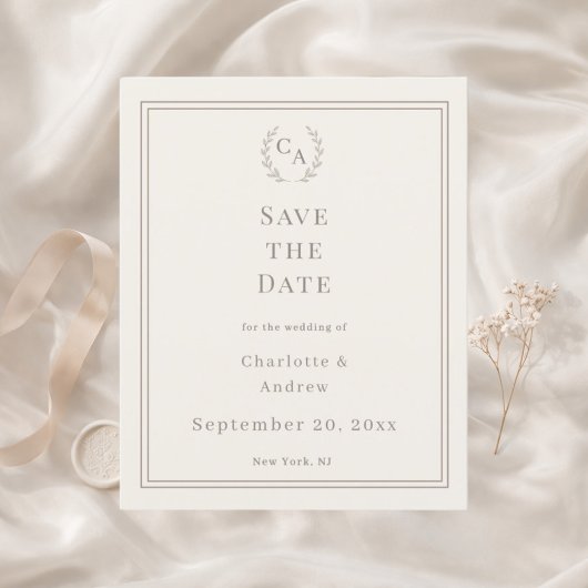 Ivory taupe monogrammed wedding Save the Date チラシ