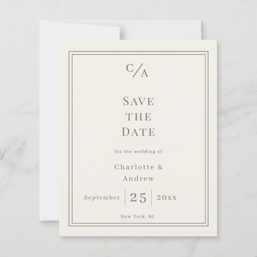 Ivory taupe monogrammed wedding Save the Date card (正面)