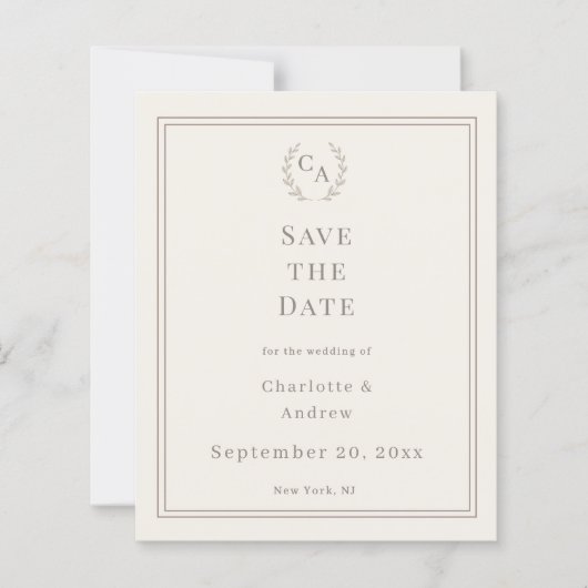 Ivory taupe monogrammed wedding Save the Date Card (正面)