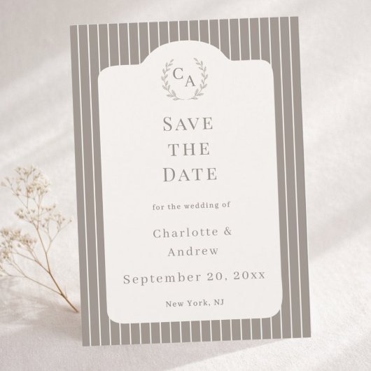 Ivory Taupe Neutral Pinstriped Wedding セーブザデート