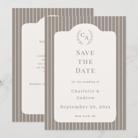 Ivory Taupe Neutral Pinstriped Wedding 招待状 (正面/裏面)