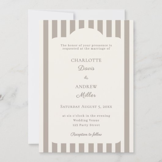 Ivory Taupe Neutral Striped Wedding 招待状 (正面)