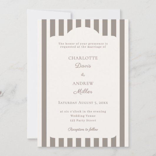 Ivory Taupe Neutral Striped Wedding  招待状 (正面)