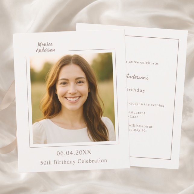 Ivory taupe photo birthday invitation (クリエイターアップロード済み)