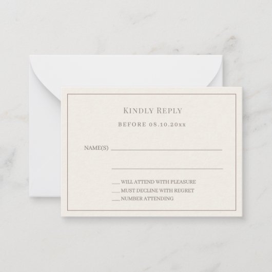 Ivory taupe pinstriped wedding response RSVP ノートカード (正面)