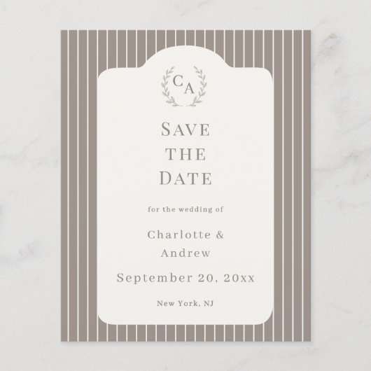 Ivory Taupe Pinstriped Wedding Save the Date チラシ (正面)
