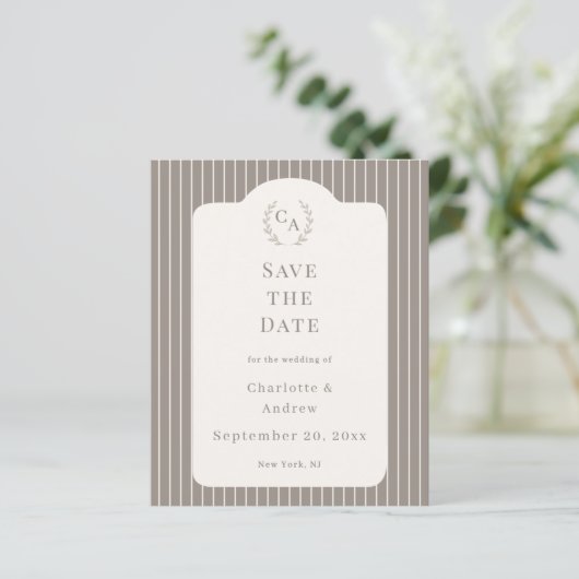 Ivory Taupe Pinstriped Wedding Save the Date Card (スタンド正面)