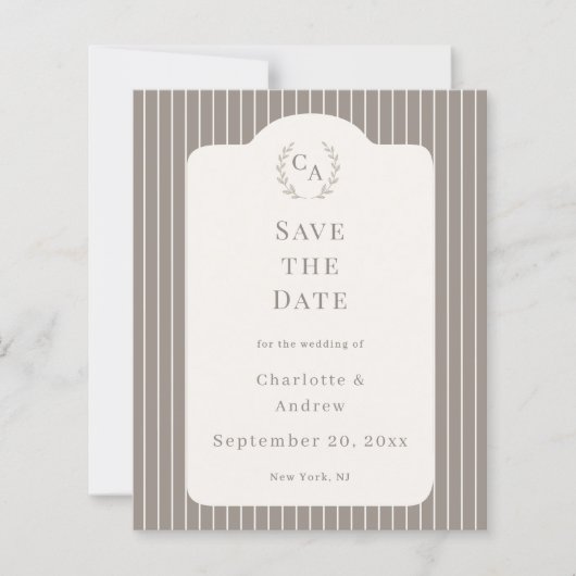 Ivory Taupe Pinstriped Wedding Save the Date Card (正面)