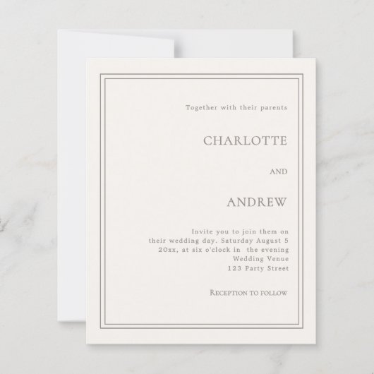 Ivory taupe simple luxury wedding invitation (正面)