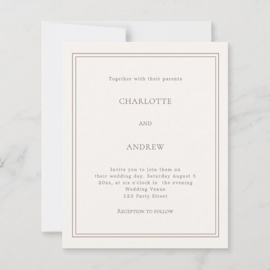 Ivory taupe simple luxury wedding invitation (正面)