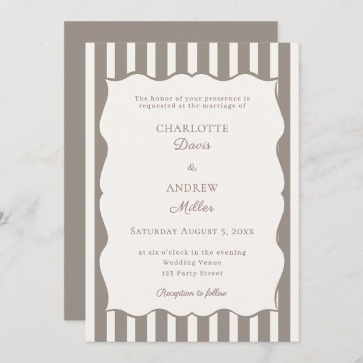 Ivory taupe striped simple wedding 招待状 (正面/裏面)