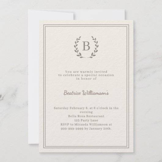 Ivory taupe wreath milestone age-neutral luxury 招待状 (正面)