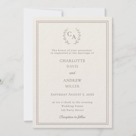 Ivory taupe wreath monogram luxury wedding 招待状 (正面)