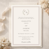 Ivory taupe wreath monogram luxury wedding  招待状