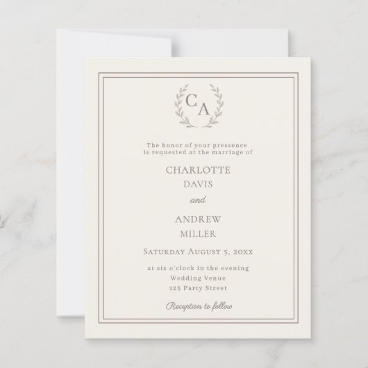 Ivory taupe wreath monogram wedding invitation (正面)