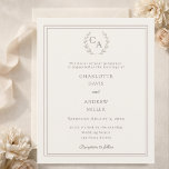 Ivory taupe wreath monogram wedding invitation<br><div class="desc">A soft ivory colored background decorated with a hand drawn crest. Warm taupe colored frames and text. Personalize and your monogram initials, names and details.
1 sheet = 1 invitation printed edge to edge.</div>