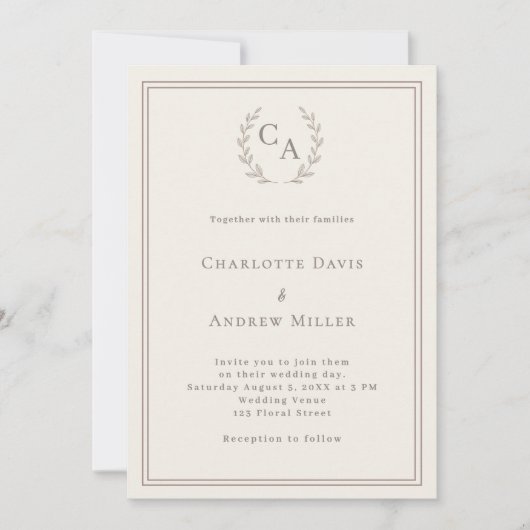 Ivory taupe wreath monogrammed simple wedding 招待状 (正面)