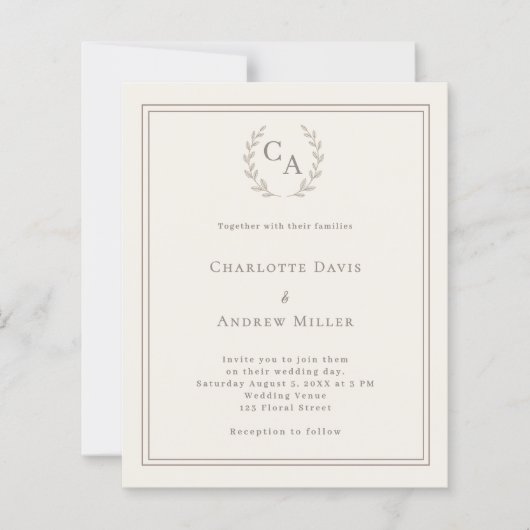 Ivory taupe wreath monogrammed wedding invitation (正面)