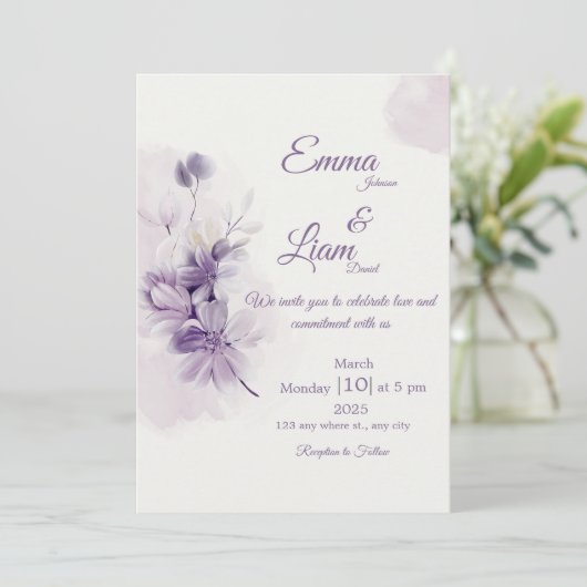 Ivory Wedding Invitation | Mauve Floral Design 招待状 (スタンド正面)