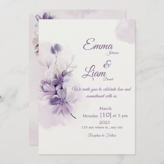 Ivory Wedding Invitation | Mauve Floral Design 招待状 (正面/裏面)