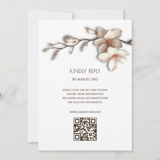 Ivory White 3D Magnolia Flower Minimalist Wedding 招待状 (裏面)