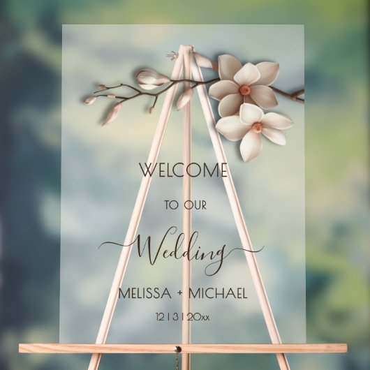 Ivory White 3D  Magnolia Flowers Wedding Welcome アクリルサイン (ニュートラル)