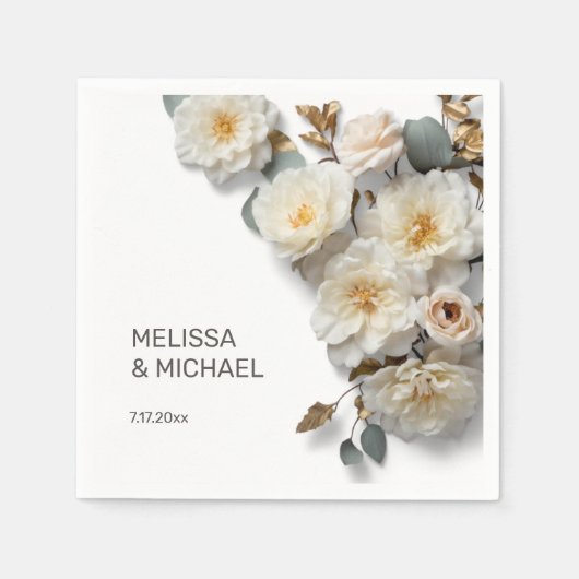 Ivory White 3D Roses Wedding スタンダードカクテルナプキン (正面)