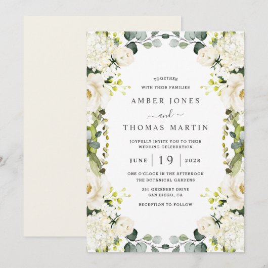 Ivory White Floral Elegant Wedding  招待状 (正面/裏面)