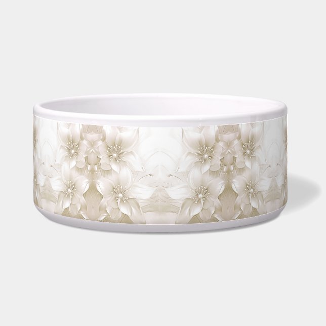 Ivory White Flowers Ceramic Pet Bowl ボウル (正面)