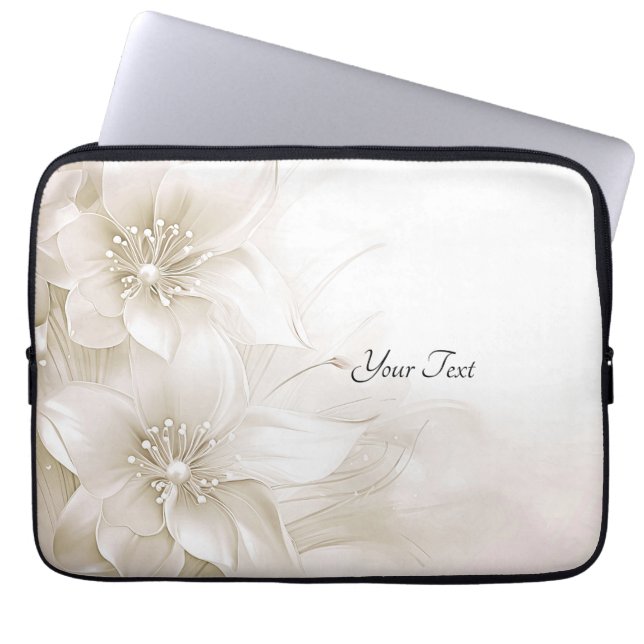 Ivory White Flowers Laptop Sleeve ラップトップスリーブ (正面)