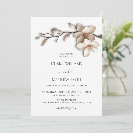 Ivory White Magnolia Textural Flower Wedding 招待状 (スタンド正面)