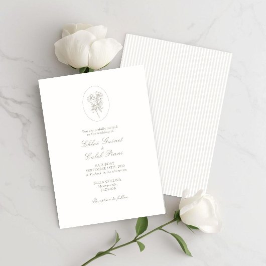 Ivory White & Sand | Stripe Floral Wedding  招待状