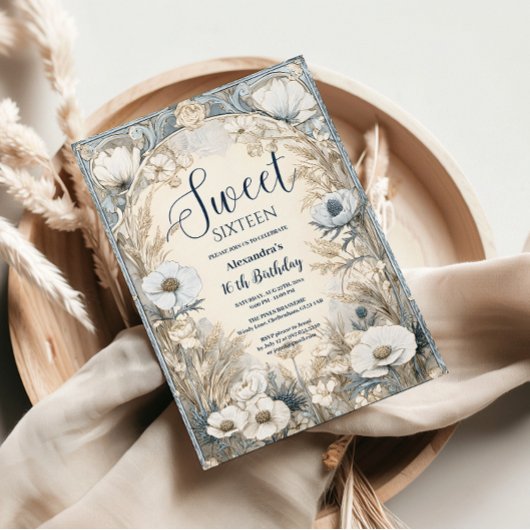 Ivory Wildflower Art Nouveau Sweet Sixteen 招待状