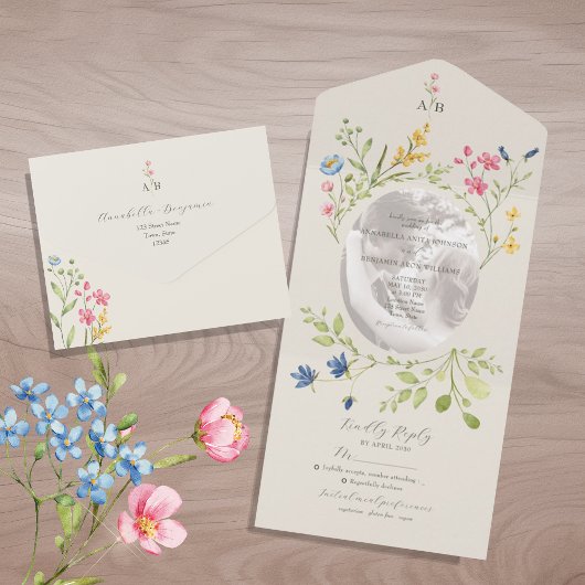 Ivory Wildflower Floral Photo Wedding オールインワン招待状