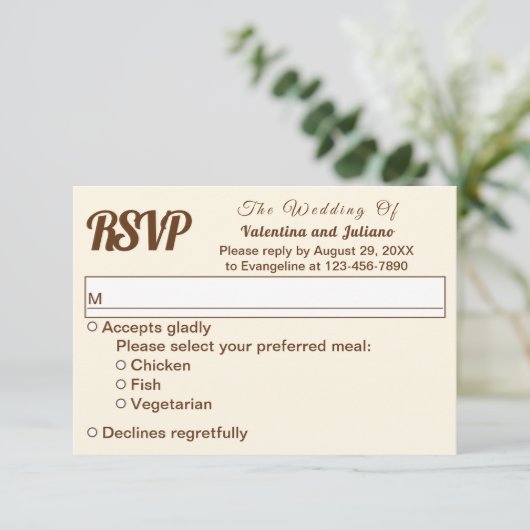 Ivory With Brown Text Wedding RSVP (スタンド正面)