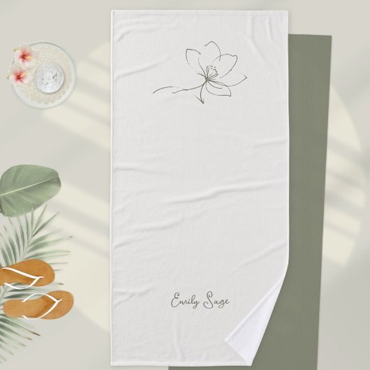 Ivory Zen Yoga Floral Line Art Sage Green バスタオル