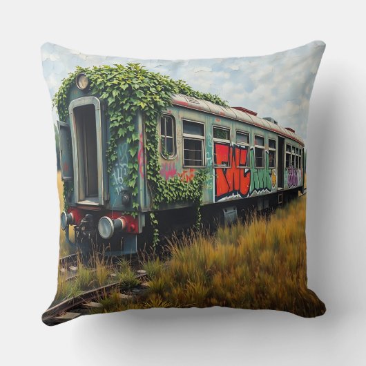Ivy and Graffiti  Covered Abandoned Train  クッション (裏面)