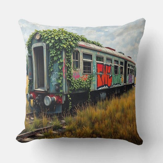 Ivy and Graffiti  Covered Abandoned Train  クッション (正面)